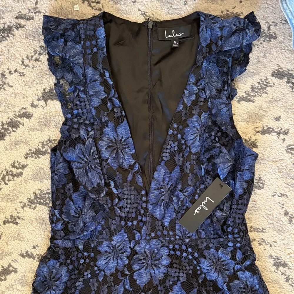 Lulus top rated Molinetto Navy Blue Lace Ruffled Tiered Maxi Dress, small - Picture 2 of 2